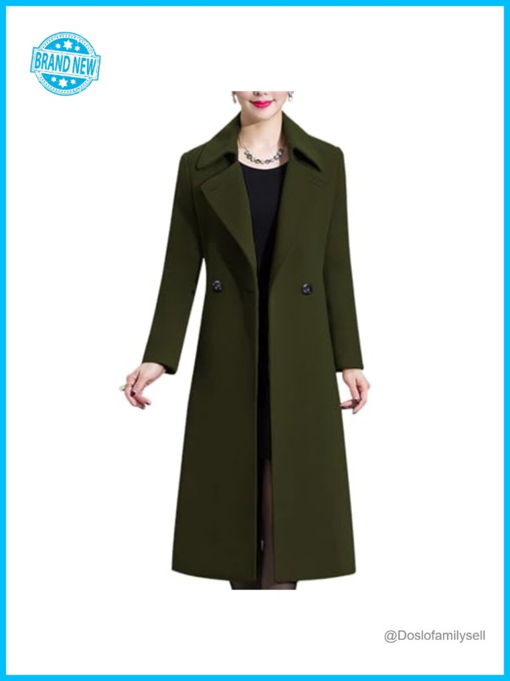 Women's Winter Wool Peacoat Double Breasted Notched Lapel Midi Long Sleeve Coat